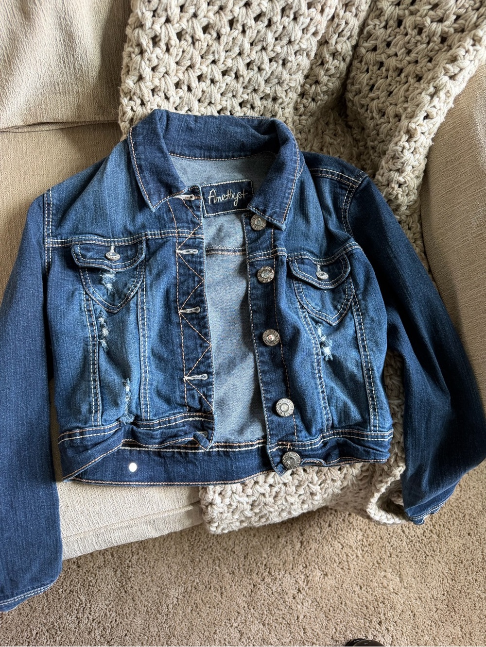 Amethyst Jeans Blue Girls' Denim Jacket with Distressed Detail